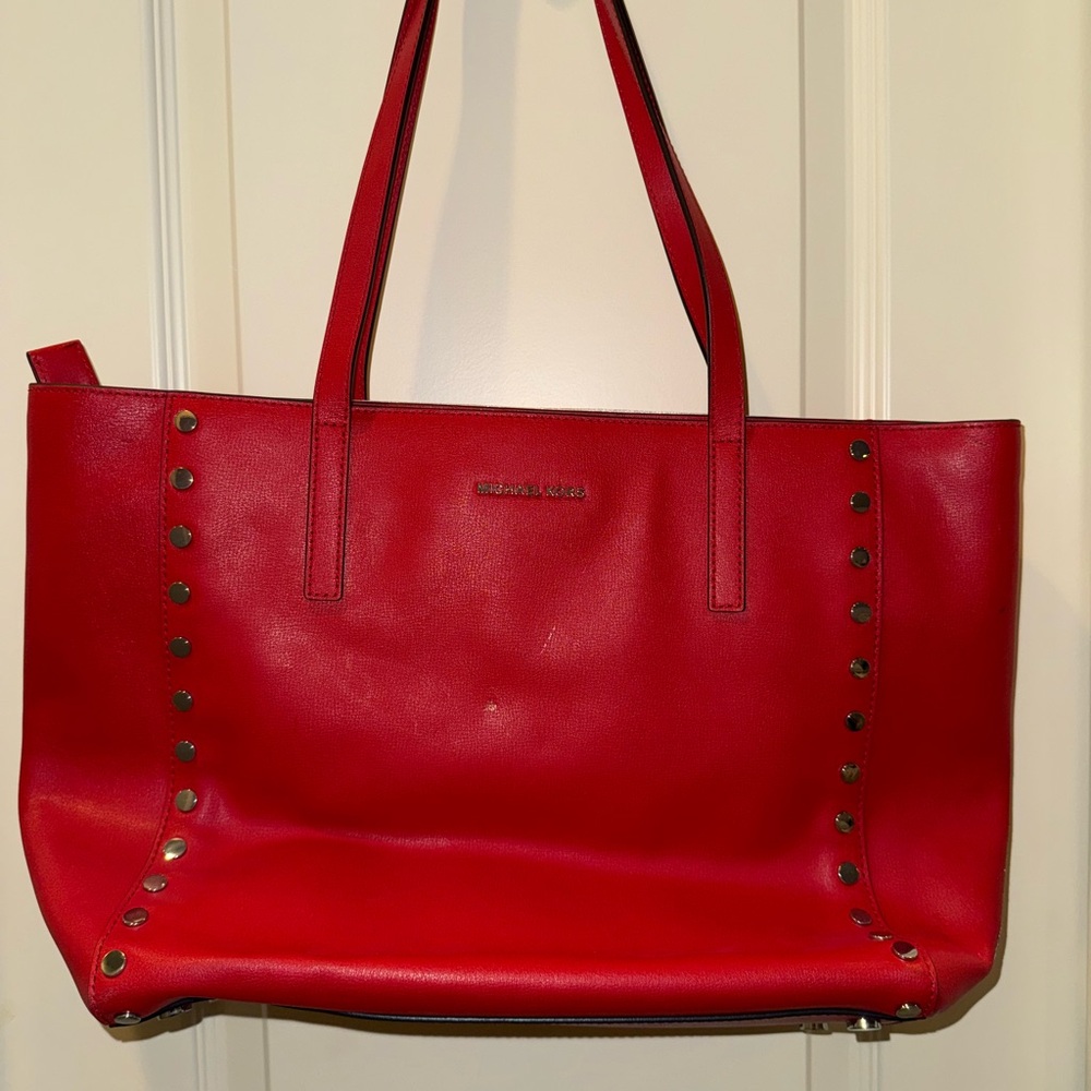 Michael Kors Red Studded Tote Bag - Picture 3 of 11